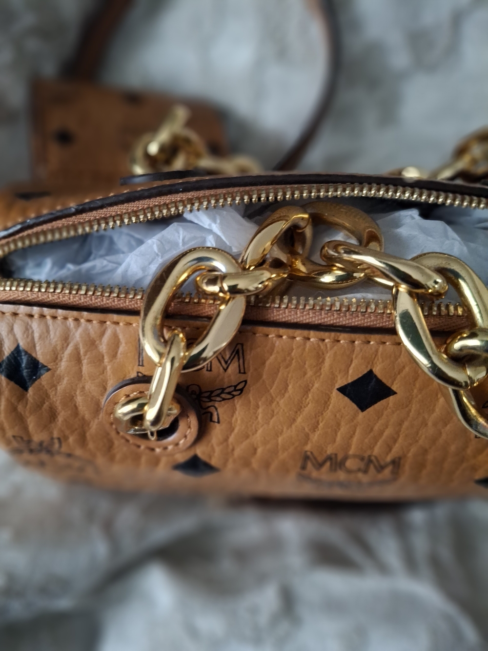 MCM Cognac Visetos Leather Chain Shoulder Bag, Small Coin Purse Attached - Picture 8 of 10